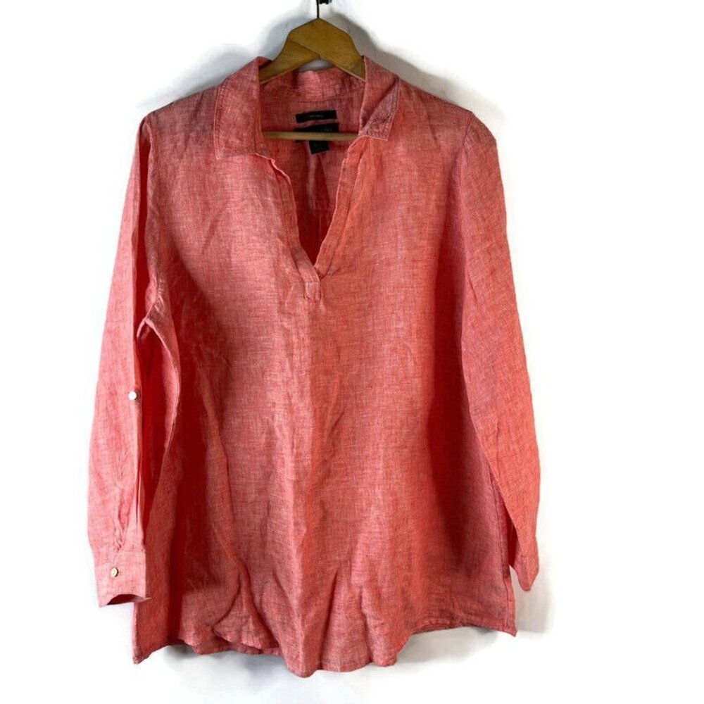 Tahari Womens Linen Tunic Top Size 1X Red Coral Back Button Roll Tab Sleeve